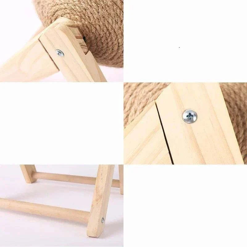 Close-up of Cat Scratching Ball with wooden stand, showcasing durable materials and design.