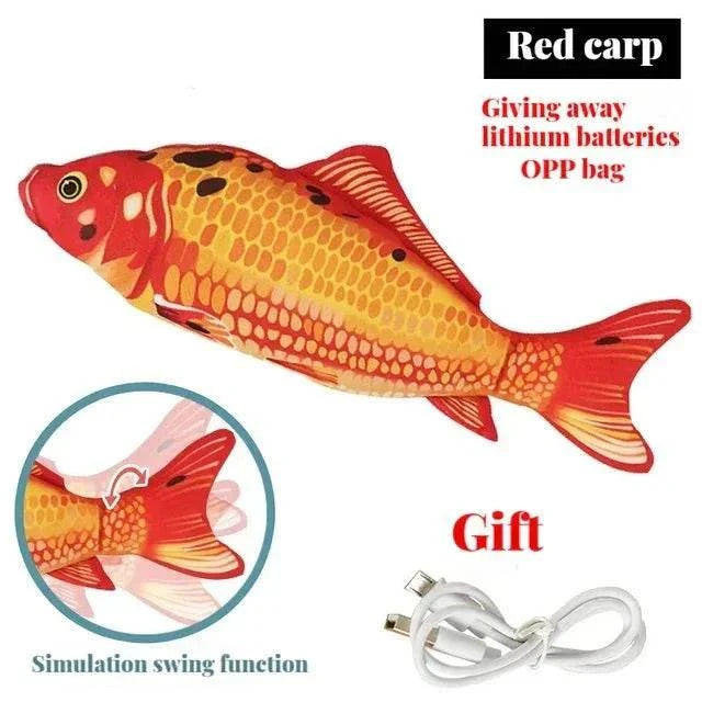 Interactive Dancing Stuffed Fish toy for cats with rechargeable battery and simulation swing function, red carp design.