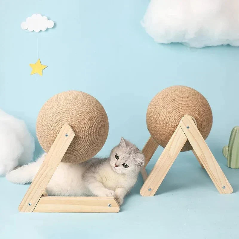 Cat Scratching Ball with wooden stand, featuring a sleek design for playful cats.