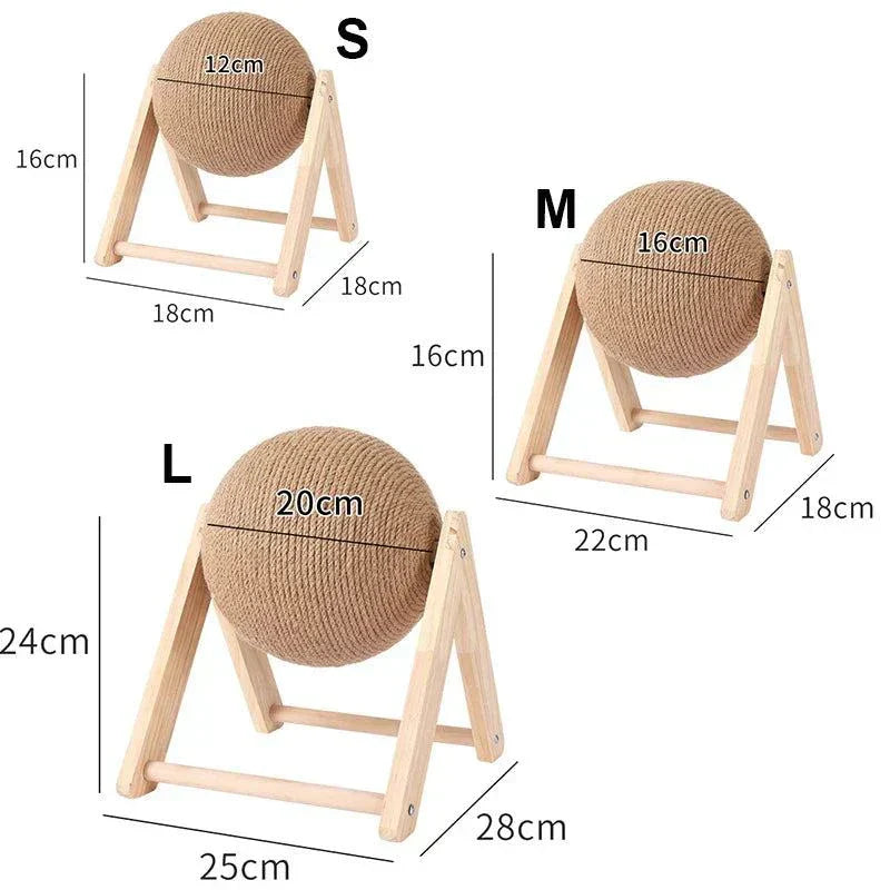 Cat Scratching Ball in multiple sizes with wooden stands for small, medium, and large cats.