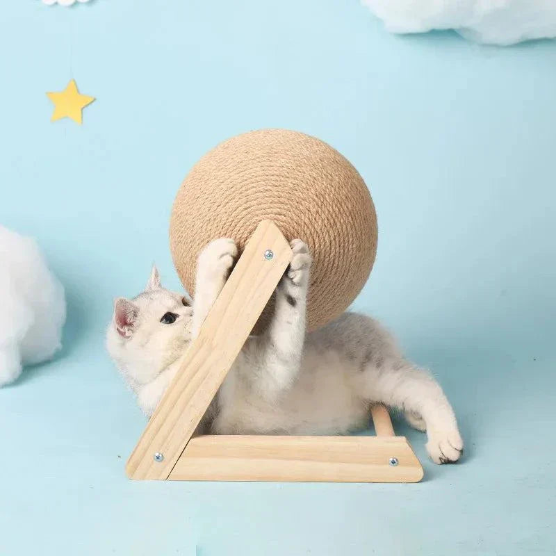 Cat playing with a Cat Scratching Ball on V-shape stand, showcasing durable and eco-friendly design.