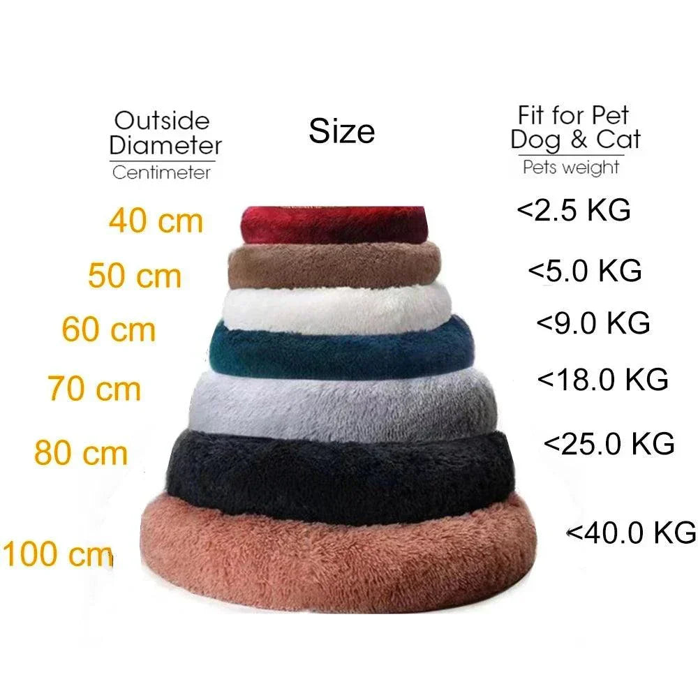 Calming Beds in various sizes and colors, suitable for pets up to 40 kg, with diameters from 40 cm to 100 cm.