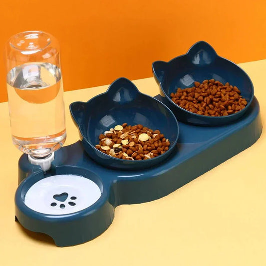 Automatic self-feeding bowl with water dispenser and dual food trays for pets.