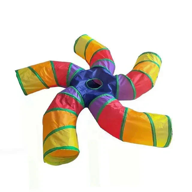 Colorful nylon cat tunnel with five-way design for playful exploration.