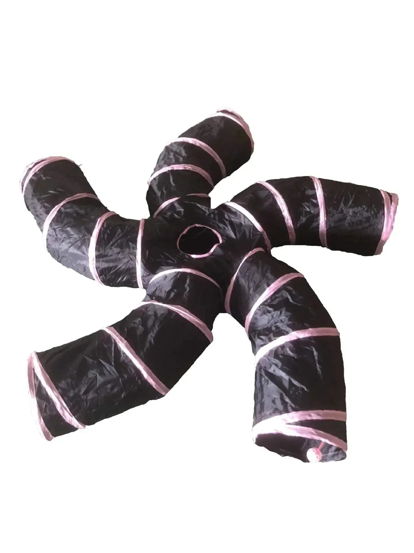 Durable five-way black nylon cat tunnel with pink accents for playful exploration.