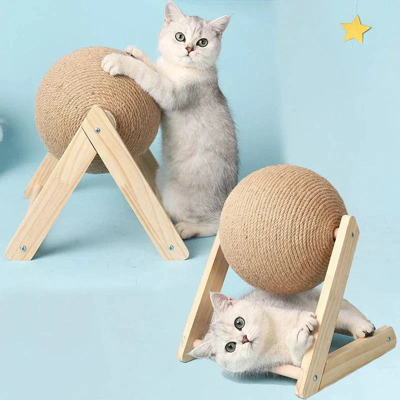 Cats playing with Cat Scratching Ball on wooden stands, available in V-shape and L-shape designs.