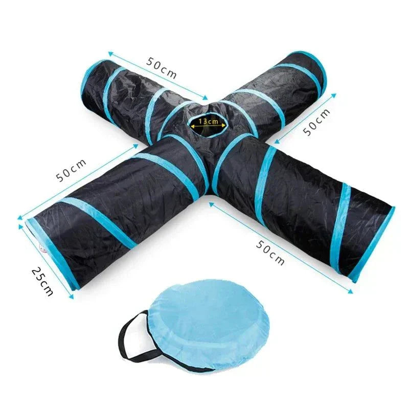 Durable four-way nylon cat tunnel in black and blue for playful exploration.