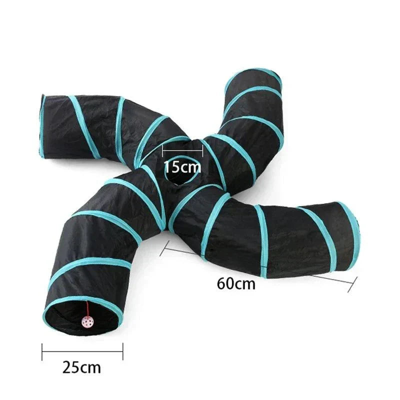 Durable four-way nylon cat tunnel in black and blue for playful exploration.