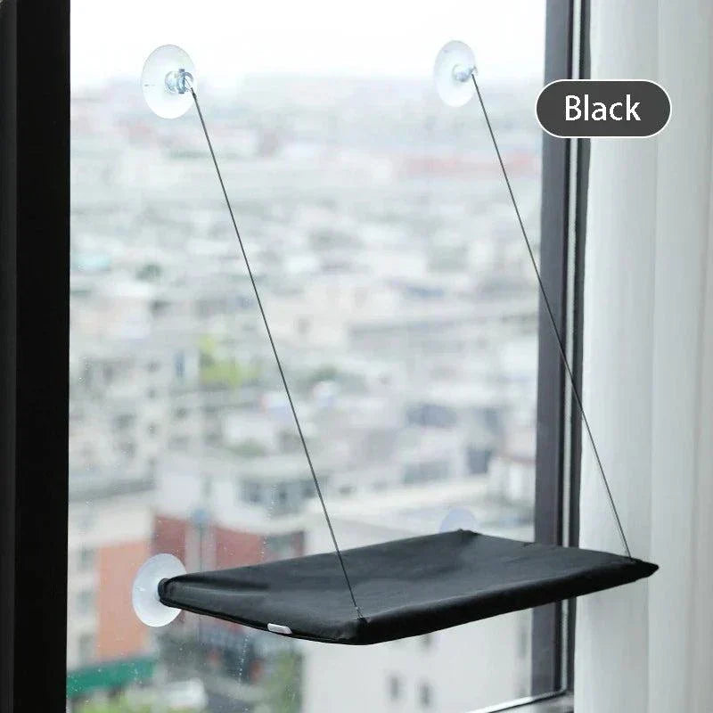 Cat Window Perch with durable steel frame and strong suction cups, supports up to 20kg, black color.