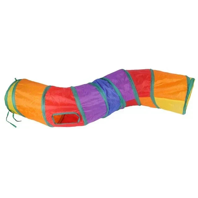 Colorful nylon cat tunnel with design for playful exploration.