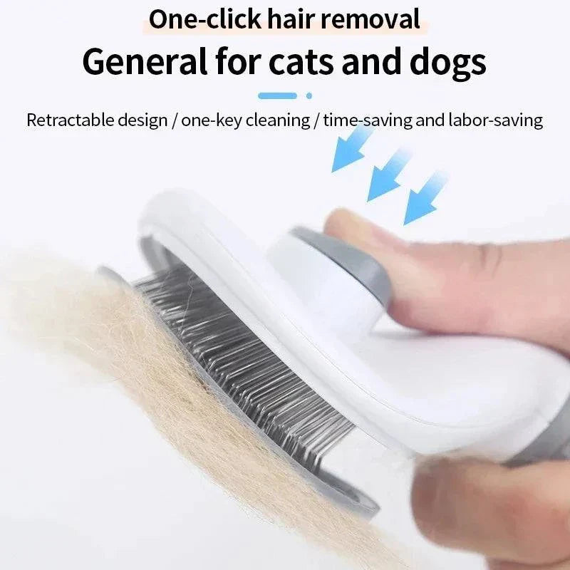 Pet hair brush with ergonomic handle for easy fur removal, suitable for cats and dogs.