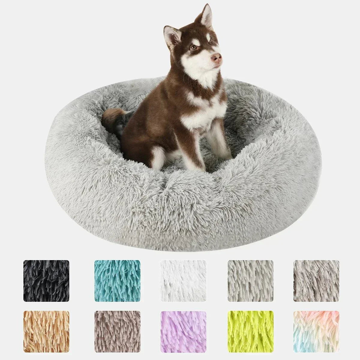 Calming Beds for pets in various colors and sizes, offering comfort and support with plush fabric and non-slip base.