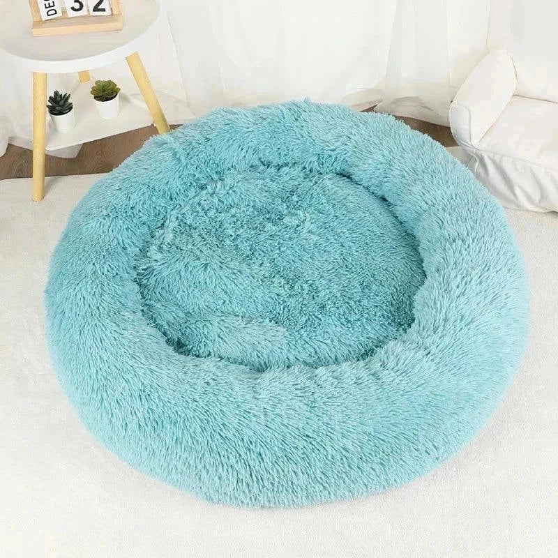 Soft plush calming bed for pets, ideal for relaxation and comfort, available in multiple sizes, featuring non-slip base and washable design.