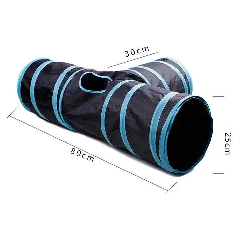 Durable three-way nylon cat tunnel in black and blue for playful exploration.