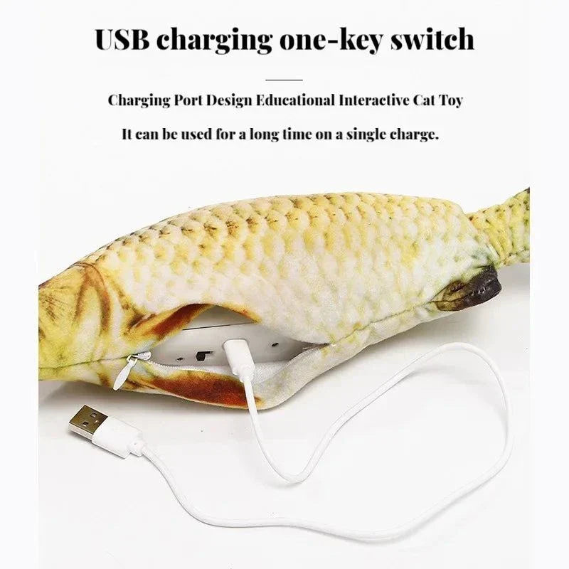 Interactive Dancing Stuffed Fish cat toy with USB charging port.