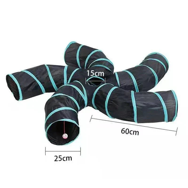 Durable five-way nylon cat tunnel in black and blue for playful exploration.