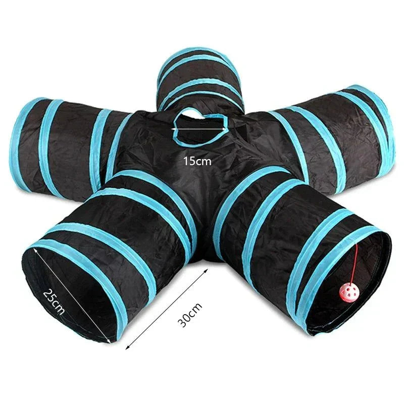 Durable five-way nylon cat tunnel in black and blue for playful exploration.