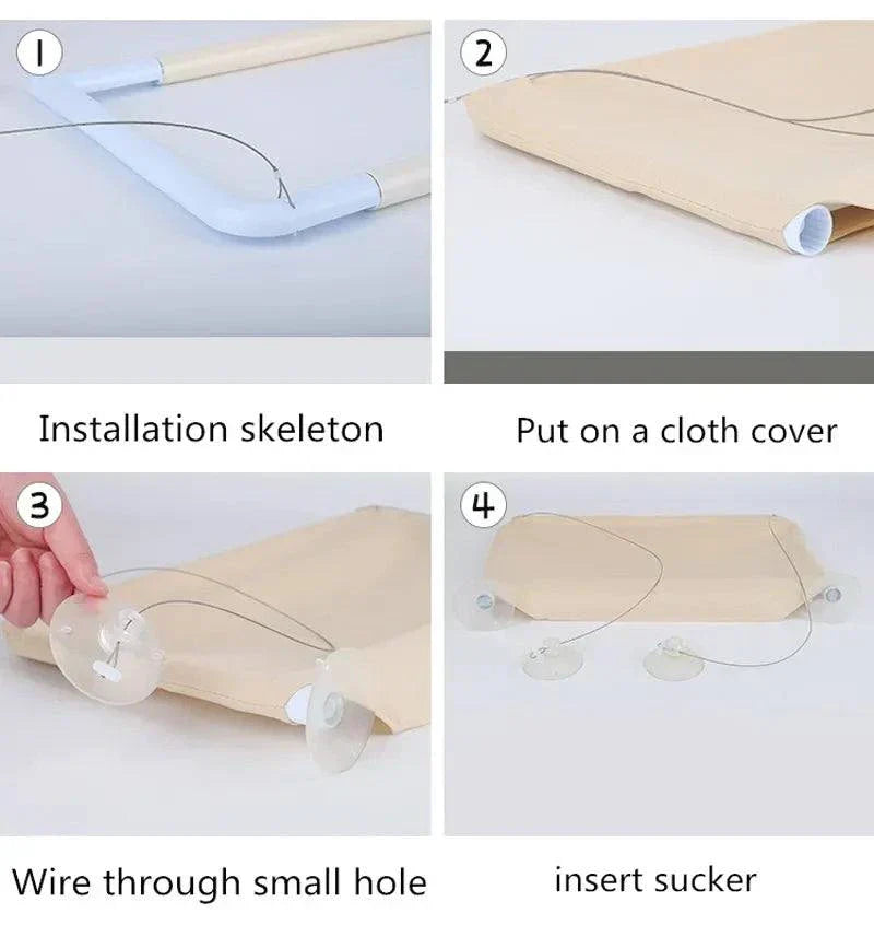 Cat Window Perch installation steps with skeleton structure, cloth cover, wire insertion, and suction cups.