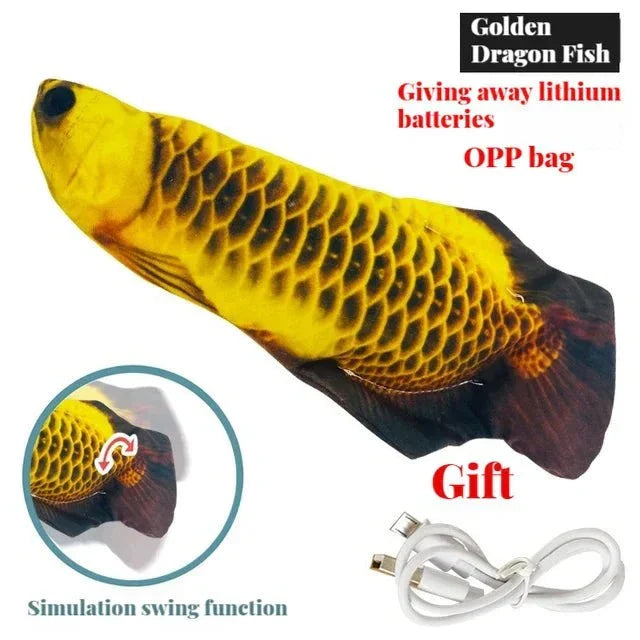 Interactive Dancing Stuffed Fish toy for cats with rechargeable battery and durable cloth.