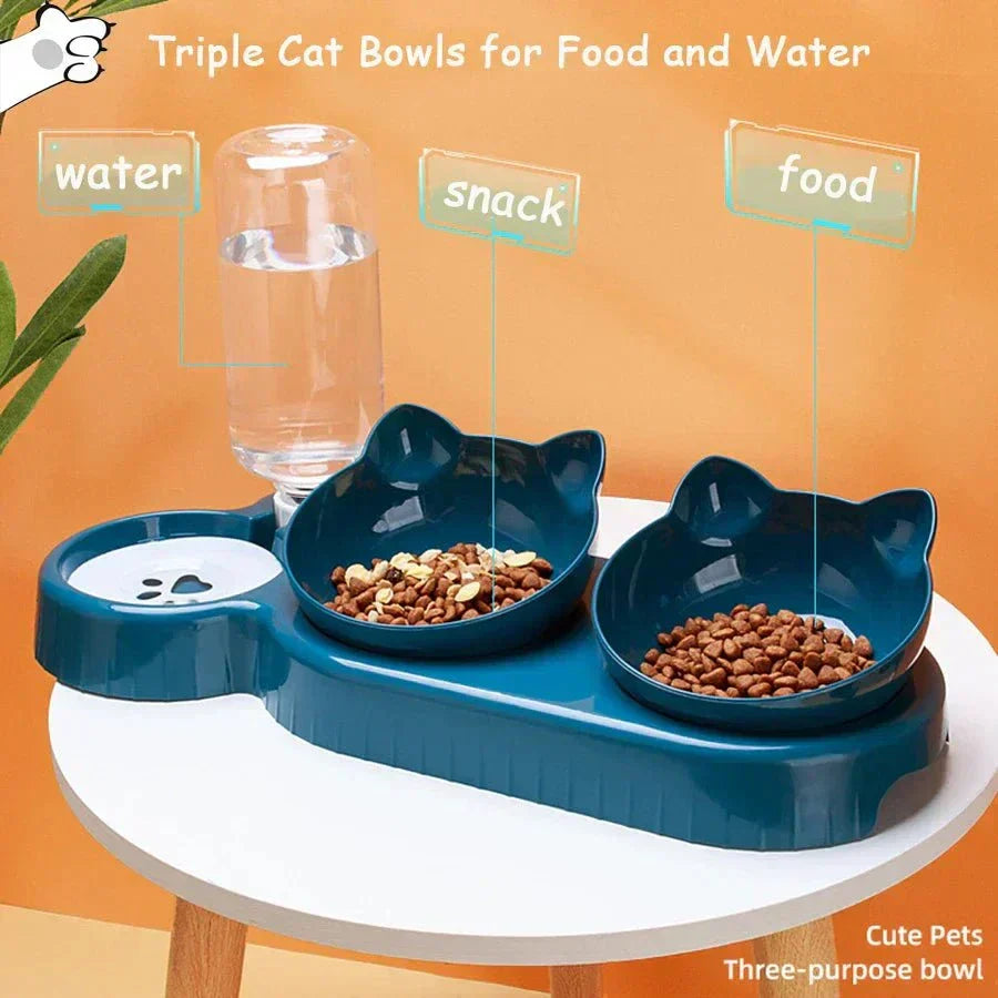 Automatic self-feeding bowl for pets with water dispenser and dual food compartments.