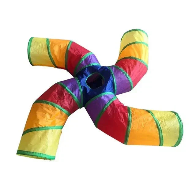 Colorful nylon cat tunnel with four-way design for playful exploration.