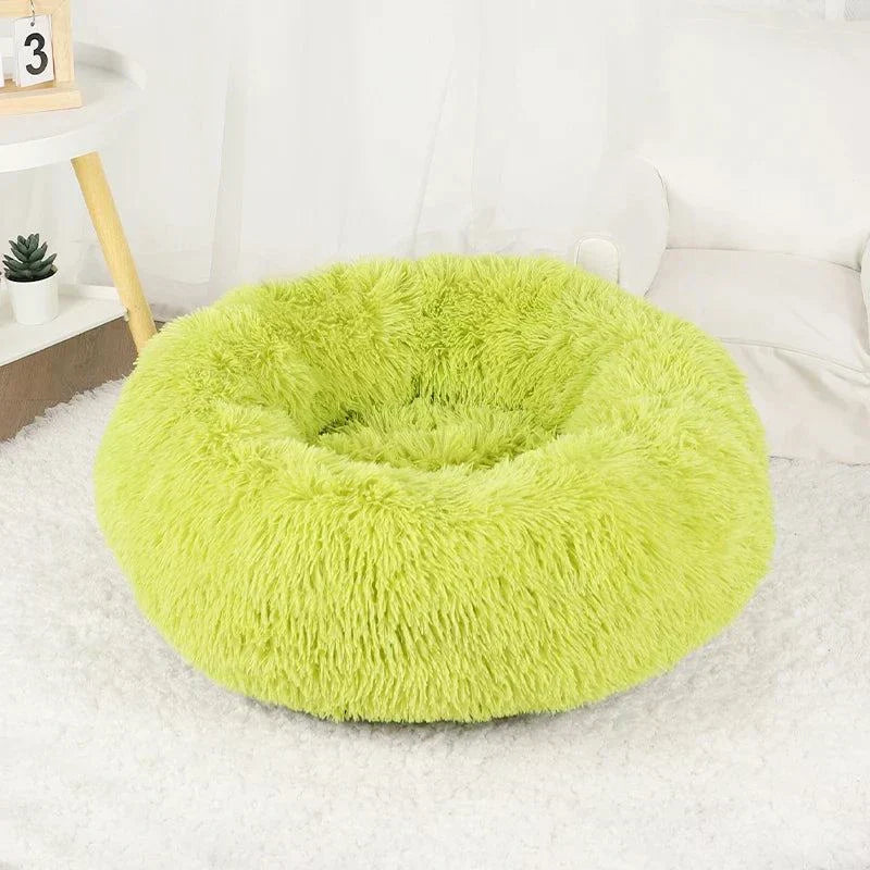 Calming Beds for pets, plush green fabric, cozy and supportive, washable design.