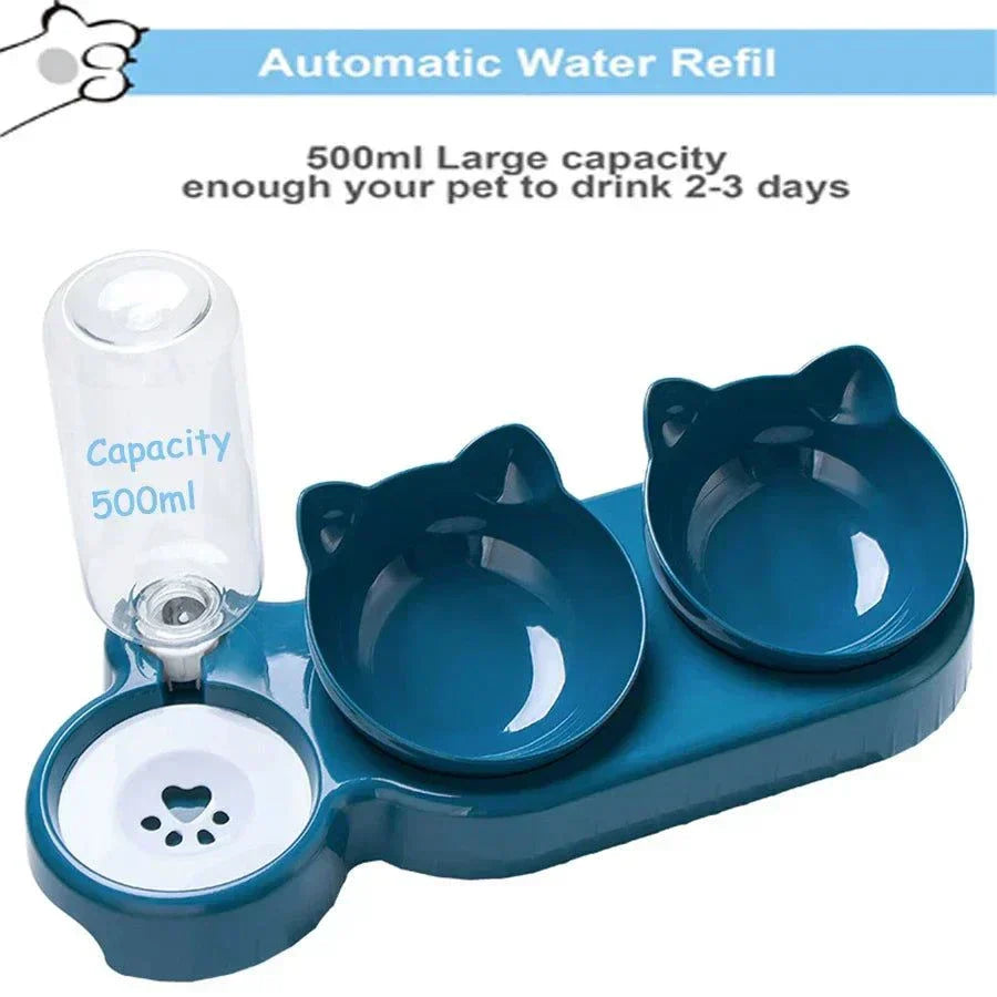 Automatic self-feeding bowl with water refilling system, 500ml capacity, pet-safe materials.