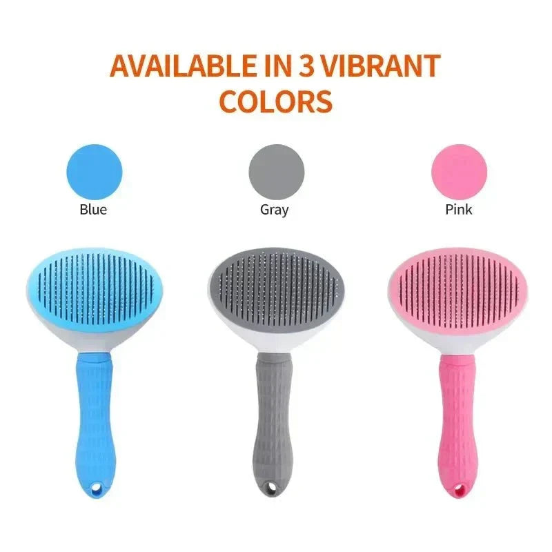 Pet hair brush available in blue, gray, and pink.