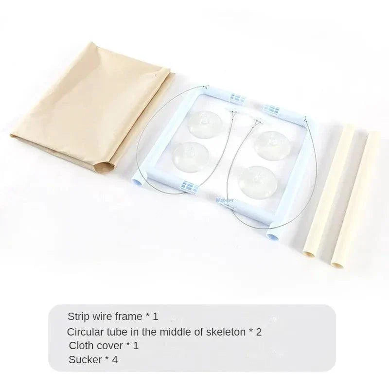 Cat Window Perch installation kit with suction cups, wire frame, cloth cover, and support tubes.