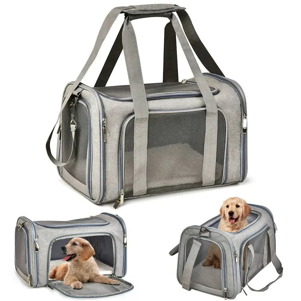 Premium Soft-Sided Pet Carrier for travel, lightweight, waterproof, breathable design with adjustable strap and washable fleece bed.