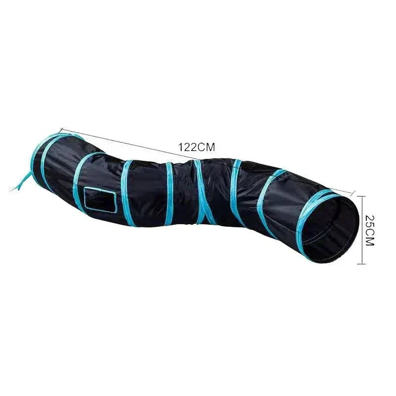 Durable nylon cat tunnel in black and blue for playful exploration.