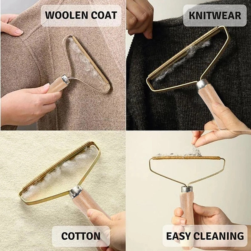 Premium pet fur and lint remover in use on woolen coat, knitwear, cotton fabric; easy cleaning tool.